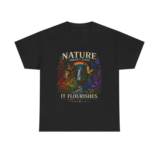 Nature It Flourishes Graphic Tee — Vintage Rainbow Forest Illustration