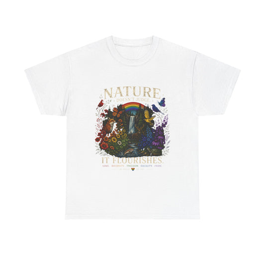 Nature It Flourishes Graphic Tee — Vintage Rainbow Forest Illustration