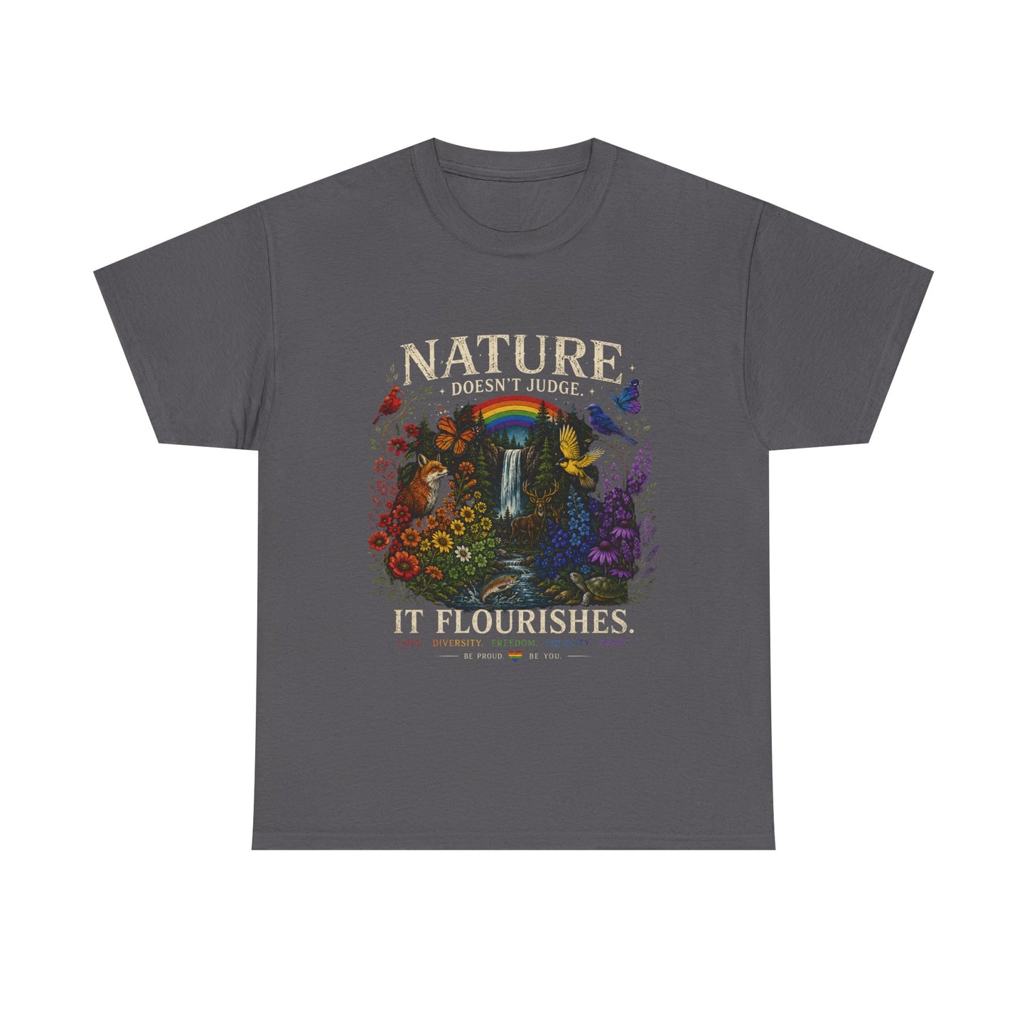 Nature It Flourishes Graphic Tee — Vintage Rainbow Forest Illustration