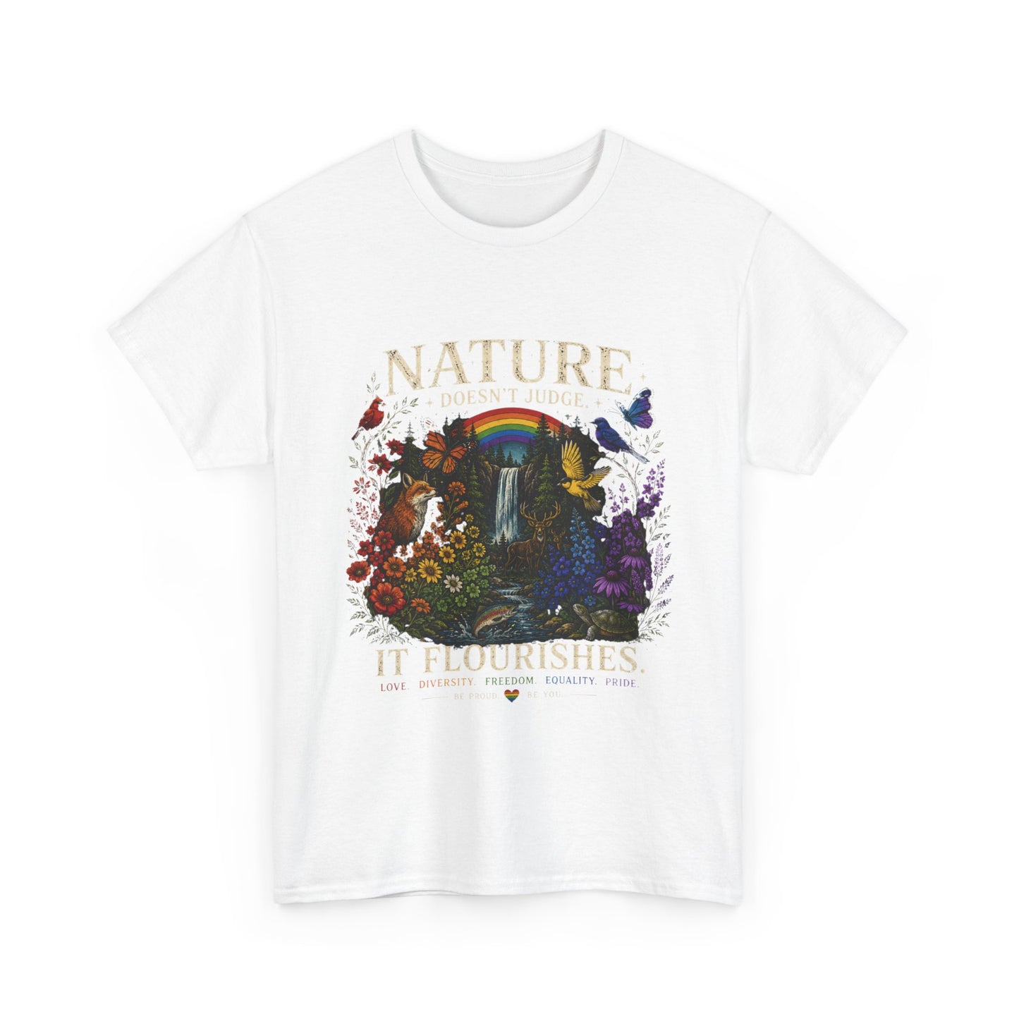 Nature It Flourishes Graphic Tee — Vintage Rainbow Forest Illustration