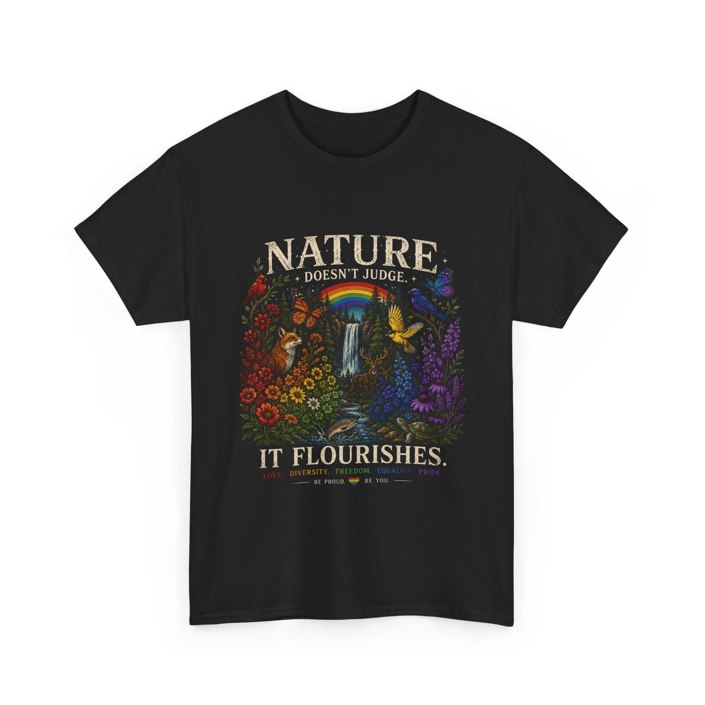 Nature It Flourishes Graphic Tee — Vintage Rainbow Forest Illustration