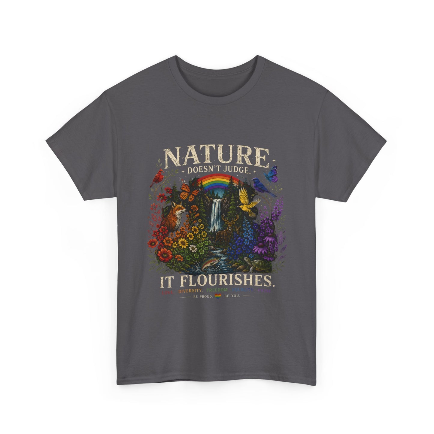 Nature It Flourishes Graphic Tee — Vintage Rainbow Forest Illustration